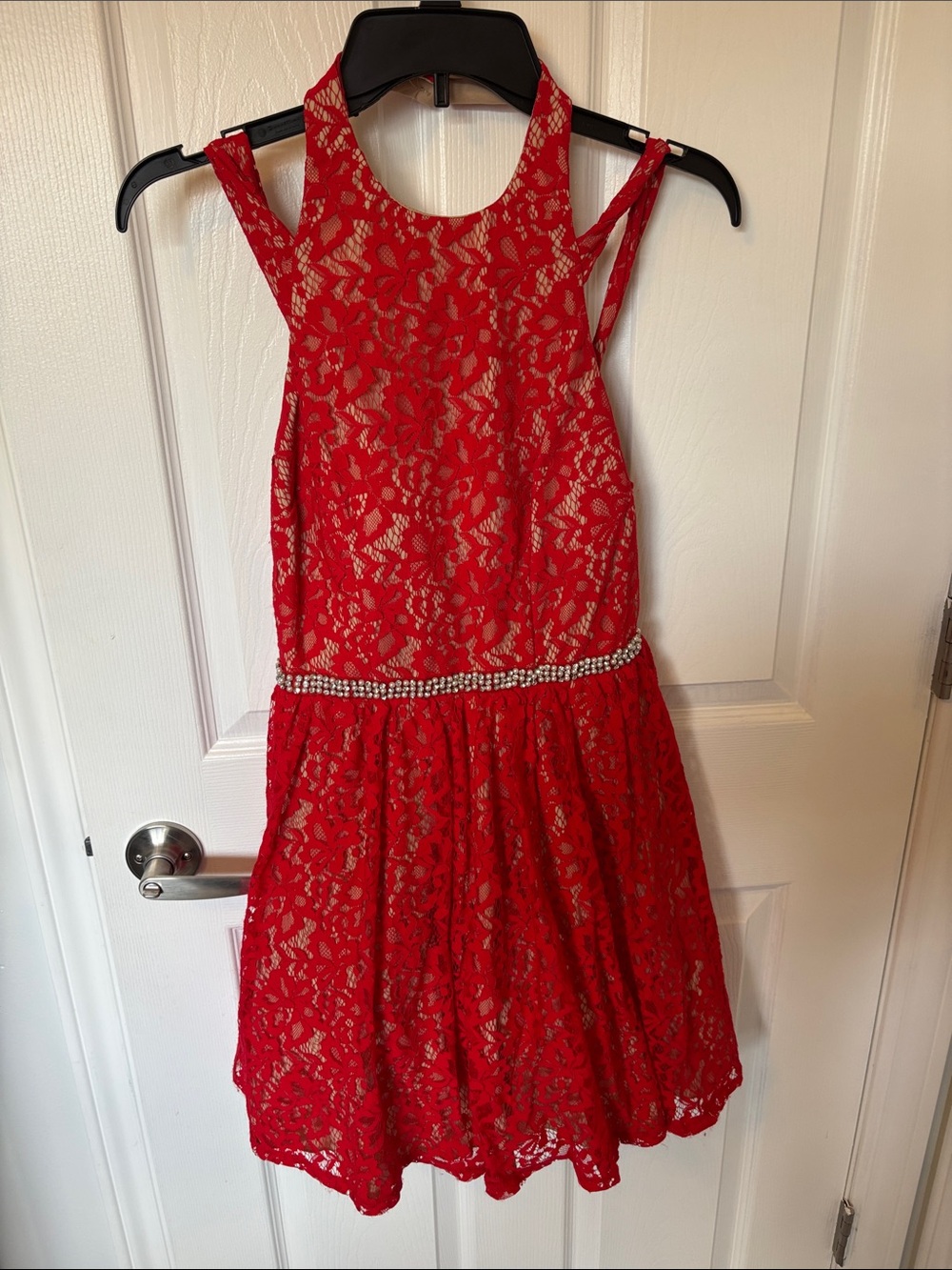 Red Lace Halter Cocktail Dress with Nude Lining